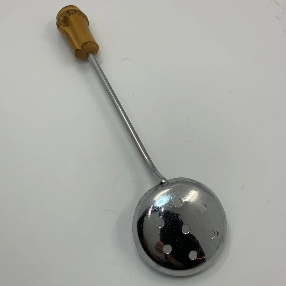 Vintage Bamboo Handle Perforated Olive Spoon Chrome 8.5in‎